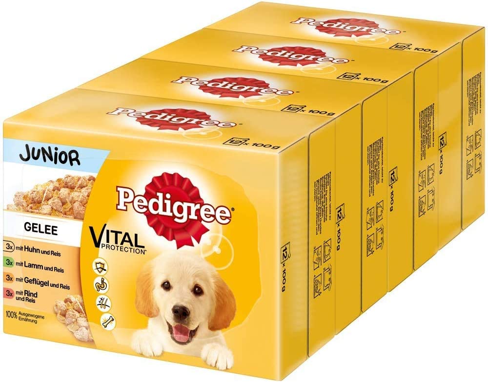 Pedigree Vital Protection Hundenassfutter für Welpen im Beutel – Hundefutter in Gelee mit Huhn, Lamm, Geflügel, Rind & Reis – 48 x 100g Großpackung