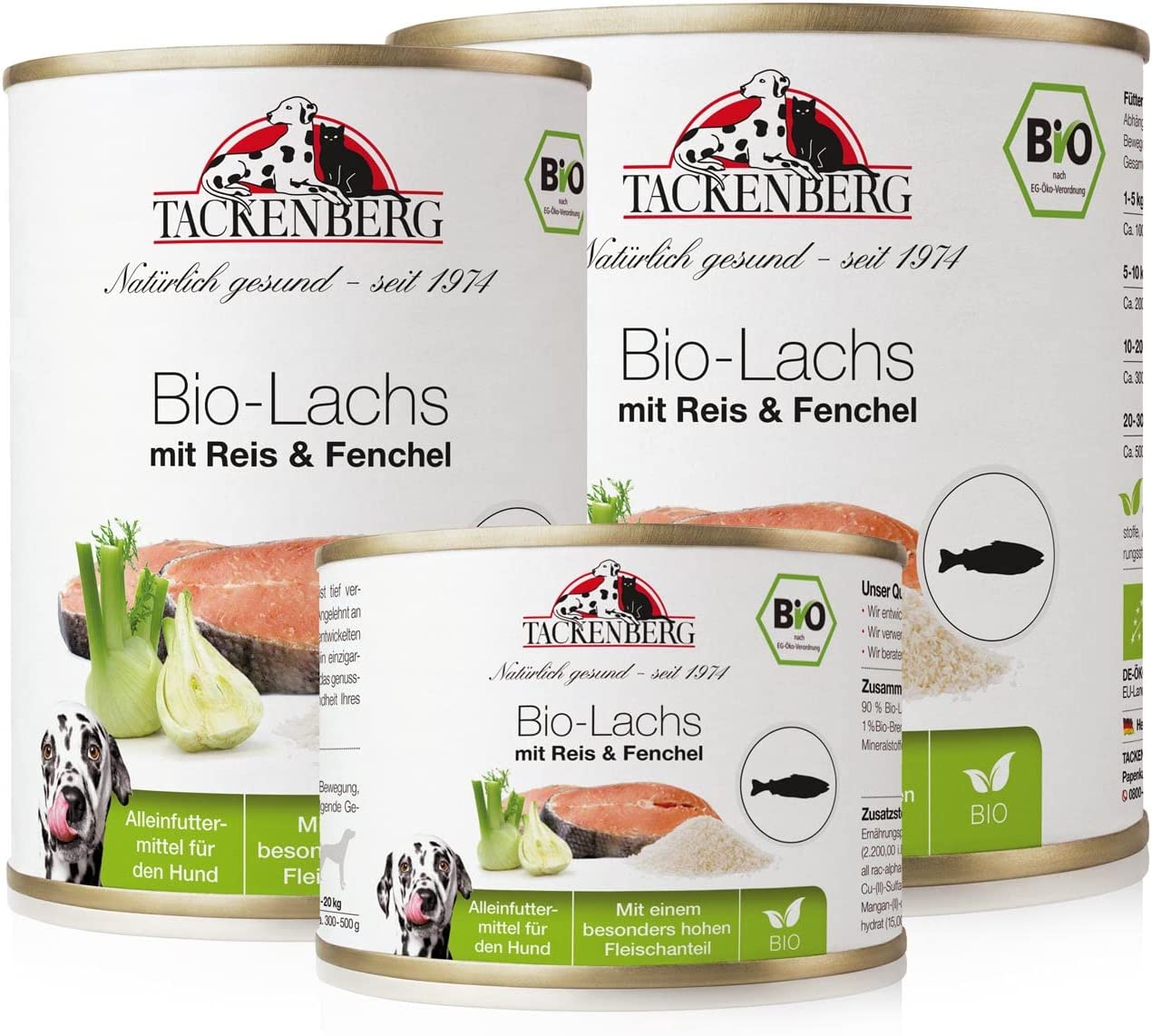 TACKENBERG Bio-Lachs mit Reis & Fenchel Nassfutter Dose für Hunde - Hundefutter in Premiumqualität - 12 x 800 g